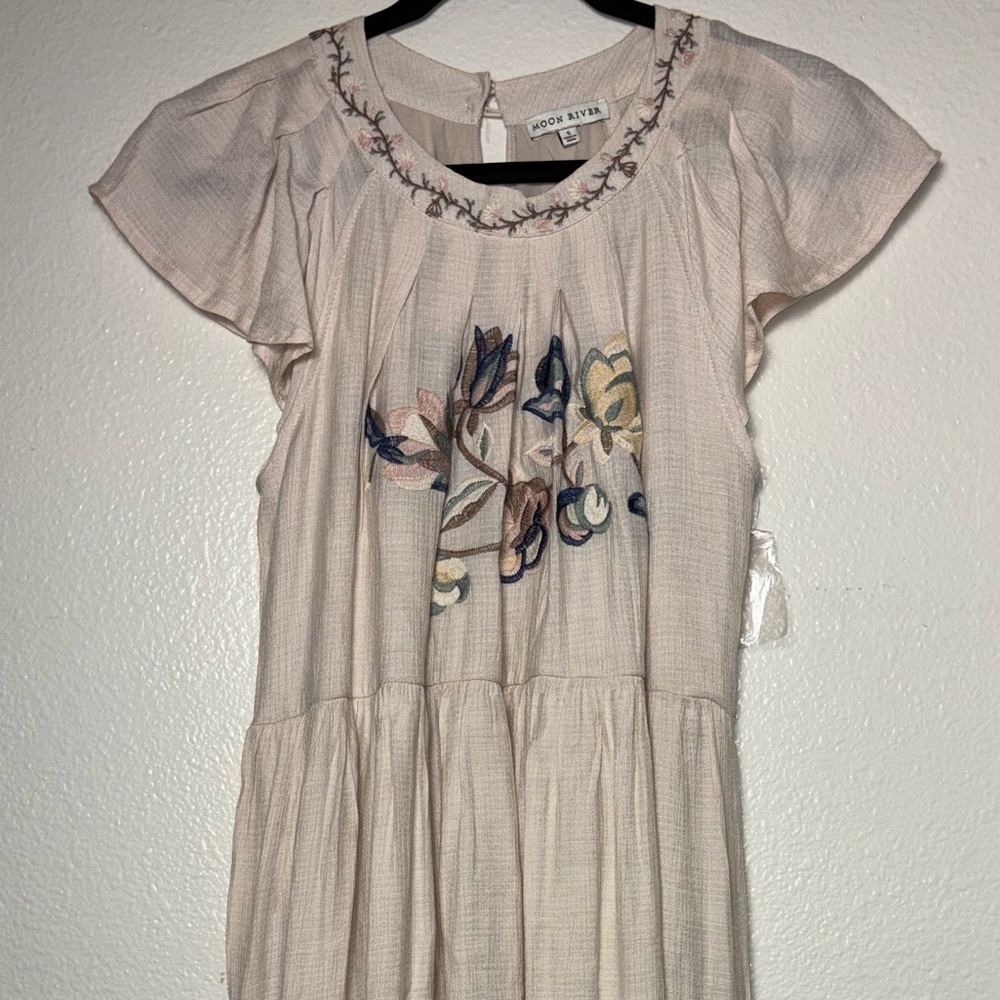 Moon River Floral Embroidery Lace Trim Midi Dress Woman's Small Cream Multicolor - Picture 4 of 16